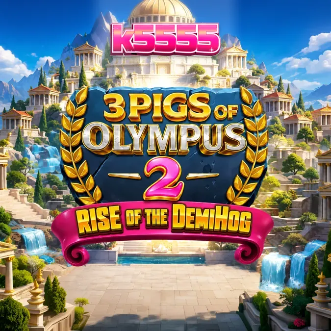 Tampilan visual slot 3 Pigs of Olympus 2 dengan nuansa mitologi Yunani dan karakter babi.
